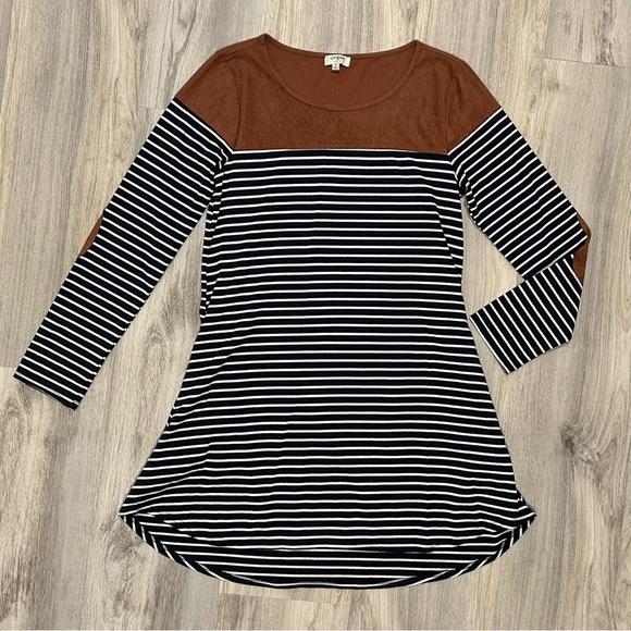 Umgee Long Sleeve Navy Stripe Dress Brown Faux Suede Elbow Patch Pockets Size S - Picture 1 of 7